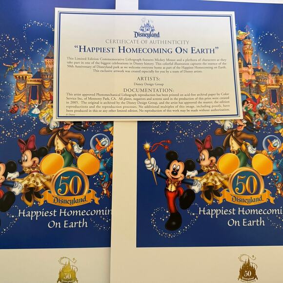 TWO Disneys 50th Anniv Limited Edition Lithograph 1 w COA Happiest Homecoming - Picture 3 of 3
